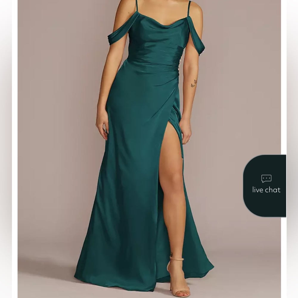 David’s Bridal Elegant Teal Off-Shoulder Gown